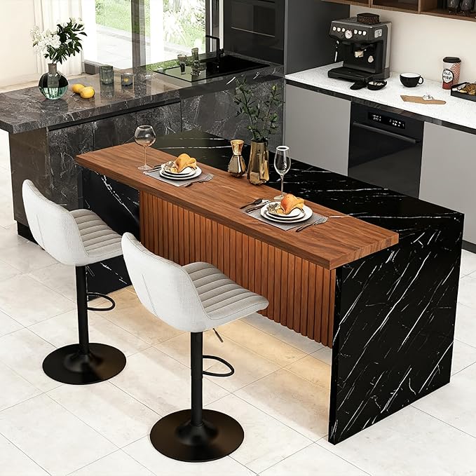 63" Modern Extendable Dining Table, Work Island with LED Lighting & Grill, Kitchen Island Table for Dining Room, Black+Beige