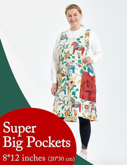 Big Plus Size Aprons for Women with Pockets Cotton Linen Baking Kitchen Cooking