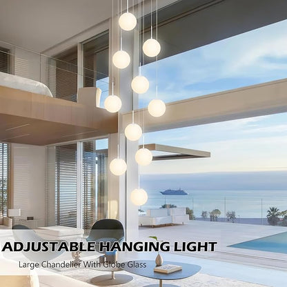KoKo&Yukina Globe Pendant Light Adjustable Hanging Light Staircase Chandelier Milk Glass Pendant Lights with Milky White Glass Shade Globe Lights for Staircase