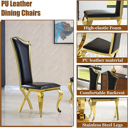 7-Piece Modern Luxury Dining Table Set, 70" Black Tempered Glass Dining Table with Gold Polished Stainless Steel U-Shaped Pedestal Base, 6 Black PU Leather X-Leg Dining Chairs, for Dining Room