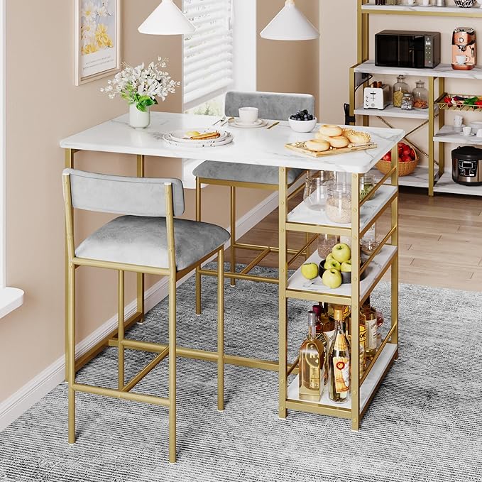TrailBlaze 3-Piece Dining Table Set for 2, Counter Height Bar Table with 3 Storage Shelves, Soft Fabric Upholstered Chairs - Space-Saving Kitchen & Dining Room for Apartment, Small Spaces - Golden