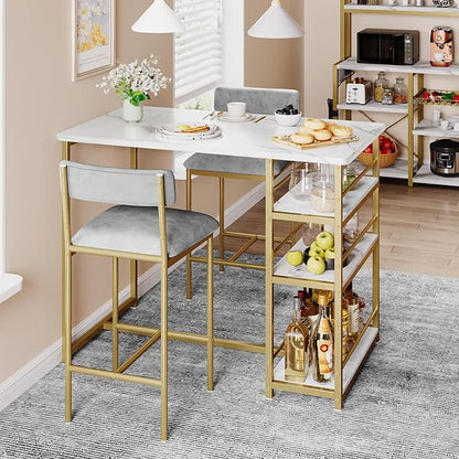 TrailBlaze 3-Piece Dining Table Set for 2, Counter Height Bar Table with 3 Storage Shelves, Soft Fabric Upholstered Chairs - Space-Saving Kitchen & Dining Room for Apartment, Small Spaces - Golden