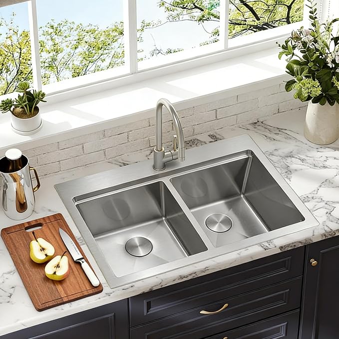MILOSEN 36 Inch Double Bowl Kitchen Sink, 36''x22'' Drop in 16 Gauge T304 Stainless Steel Sinks, Workstation Sink 50/50 Topmount Double Basin with Accessories, 10'' Deep and Large Handmade Sinks