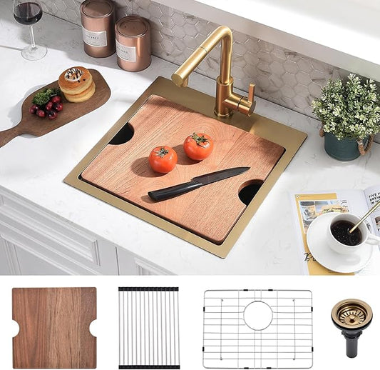 21x20 Inch Drop In Bar Sink - 16 Gauge Gold Stainless Steel Small Kitchen Sink, 10" Deep Single Bowl Workstation Sinks with Accessories for RV, Outdoor Kitchen & Wet Bar