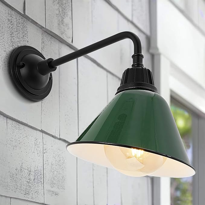 JONATHAN Y 9.63" Green/Black 1-Light Farmhouse Outdoor Sconce, Industrial LED Wall Light, Gooseneck Arm Barn Lamp with Metal Bell Shade for Porch, Patio, Kitchen, LED Bulb Included (JYL7612F)