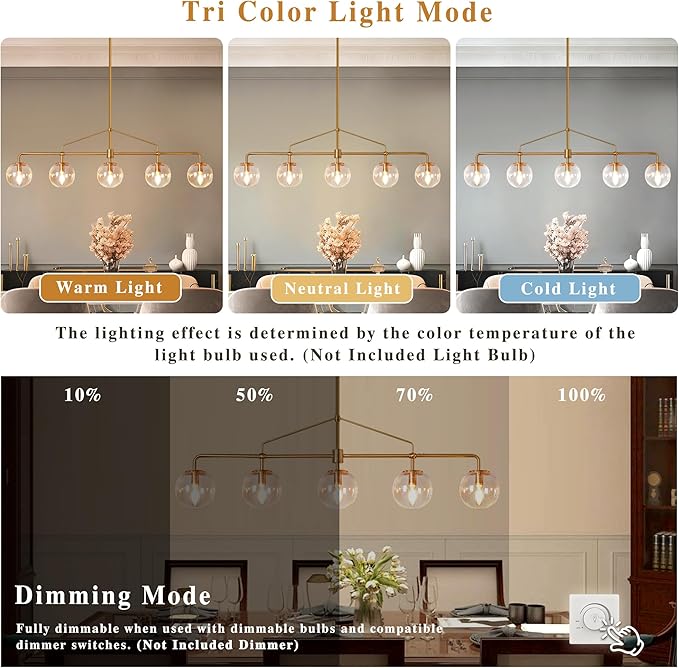 Modern Linear Chandelier Gold 5 Light Dining Room Linear Chandelier with Seeded Glass Globe 39 Inch Kitchen Island Pendant Light Electroplated Copper Finish for Farmhouse Living Room