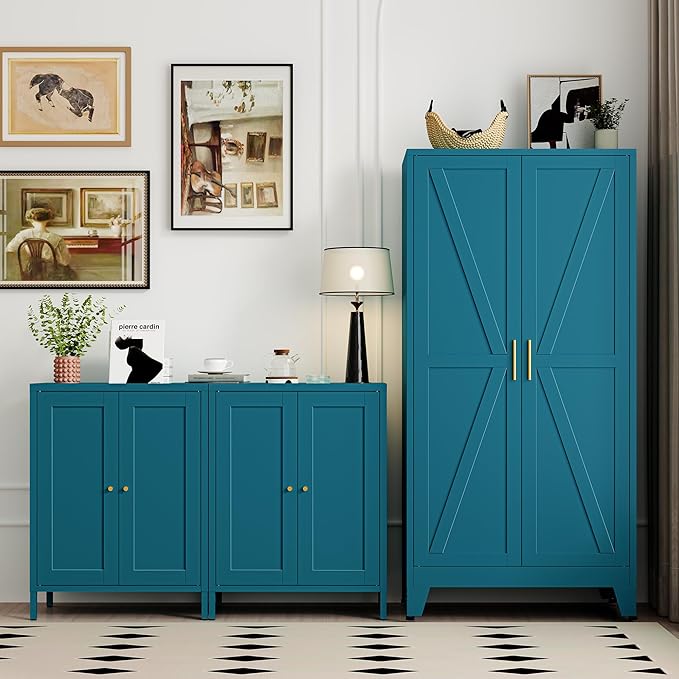 Bevivog 61" Farmhouse Metal Storage Cabinet with 2 Doors and 3 Adjustable Shelves, Tall Bathroom Cabinet Freestanding, Blue Metal Pantry Cabinets for Kitchen, Living Room, Home Office