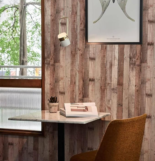 Yun-aeon Natural Wood-Cinnamon Wood Contact Paper Peel and Stick Wallpaper 34.6"x 480"Self Adhesive Removable Vintage Faux Wood Wall Paper Plank Shelf Home Decoration Kitchen Counter Cover Use