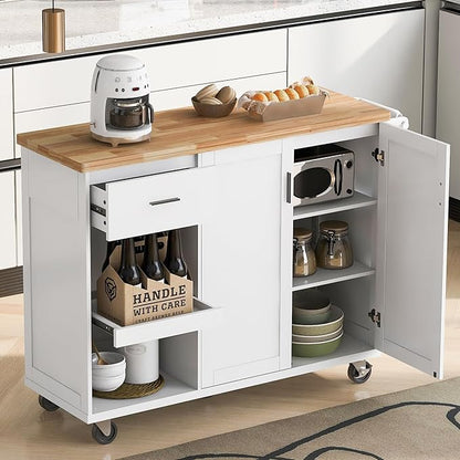 RUNNA Kitchen Island with Foldable Counter Top,Kitchen Storage Cart with Slide-Out Shelf,Towel Rack and Drawer, Rolling Cart on Wheels,Living Room,Dining Room (White@036)