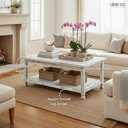 Country Cottage 42-Inch Farmhouse Coffee Table with Storage Shelf and White Antique Finish for Living Room or Family Room by Alaterre Furniture