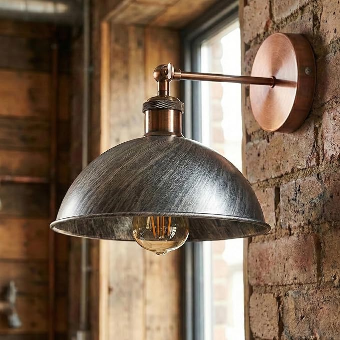 Dome Metal Wall Sconce, 180° Adjustable Industrial Wall Lamp for Bedside, Study, Kitchen, and Living Room Decor. (Brushed Silver*)