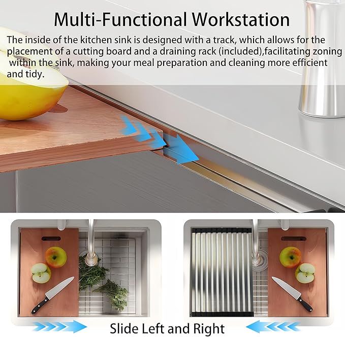 30 Inch Drop in Kitchen Sink Undermount Stainless Steel Kitchen Sinks,16 Gauge Top Mount Single Bowl Workstation Sink,Deep Handmade Kitchen Sink with Cutting Board & Strainer,Satin Nickel