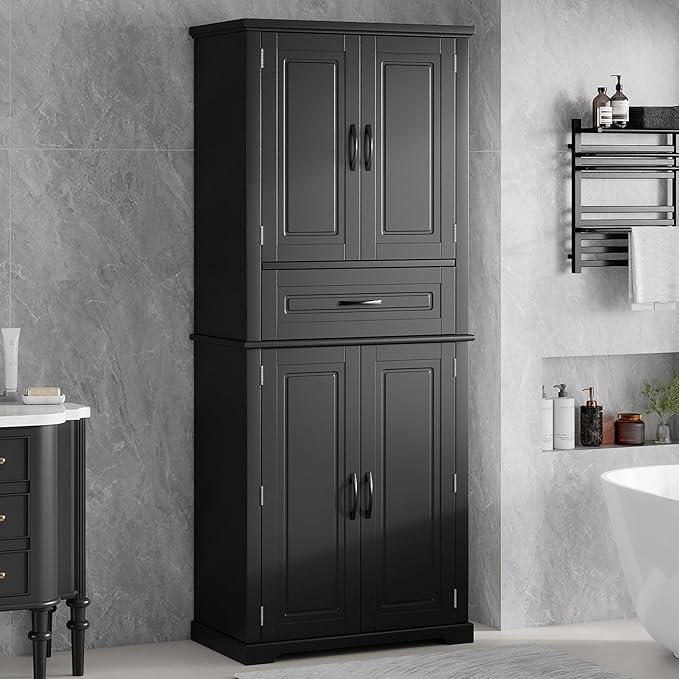 Merax 72" Tall Kitchen Pantry Storage Cabinet, Farmhouse Freestanding Large Cupboard with One Drawer, Bathroom Cabinet with Adjustable Shelves, 6 Door-Shelf for Dining Room, Black