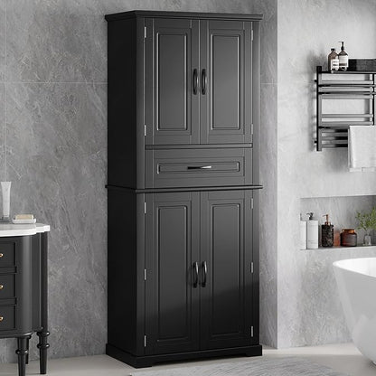 Merax 72" Tall Kitchen Pantry Storage Cabinet, Farmhouse Freestanding Large Cupboard with One Drawer, Bathroom Cabinet with Adjustable Shelves, 6 Door-Shelf for Dining Room, Black