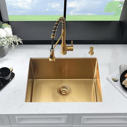 24 Inch Gold Laundry Room Sink Undermount -HLBLFY 24"x18"x12" Gold Laundry Sink Stainless Steel Sink 16 Gauge Single Bowl Deep Kitchen Sink Undermount with Roll Up Rack