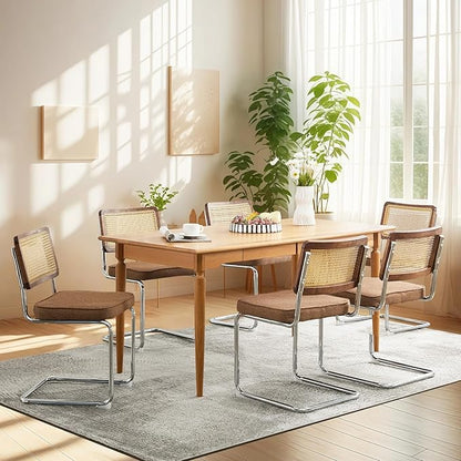 Rattan Back Linen Dining Chair Set of 6 Modern Stainless Chrome Base Armless Upholstered Side Chair for Dining Room, Kitchen Island,Coffee