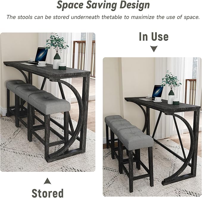 HMFULE 4 Piece Bar Table Set with Power Outlet, 59'' Dining Bar Table and Chairs Set, Industrial Breakfast Table with 3 Padded Stools for Living Room Dining Room Game Room Grey Black
