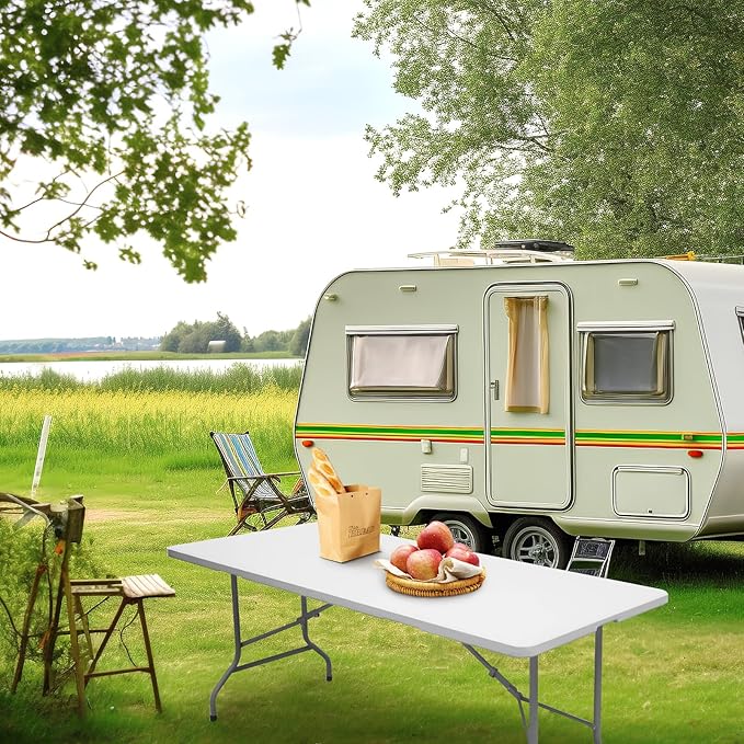 Byliable Folding Table 6ft Portable Heavy Duty Plastic Fold-in-Half Utility Foldable Table Plastic Dining Indoor Outdoor for Camping, Picnic and Party, White