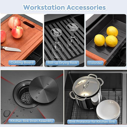 Black Undermount Kitchen Sink 32 x 18 Inch, 50/50 Double Bowl Kitchen Sinks, 16 Gauge Stainless Steel Workstation Sink with Ledge & Accessories, 32" x 18" x 10" Large and Deep Double Sink