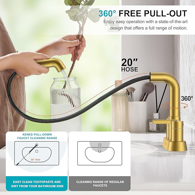 KENES Pull Down Bathroom Faucet with Sprayer, Brushed Gold 4 Inch 2 Handle Centerset Bathroom Faucet 3 Hole with Pull Out Sprayer, Vanity Faucet with Pop Up Drain & Supply Lines LJ-9059A-4