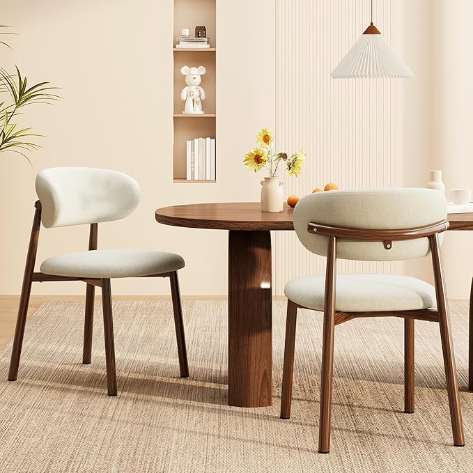 Kitchen Dining Chairs Set of 2 Modern Soft Linen Farmhouse Dining Room Chair with Metal Legs, Beige/Walnut