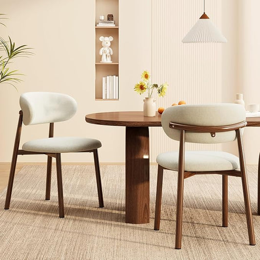 Kitchen Dining Chairs Set of 2 Modern Soft Linen Farmhouse Dining Room Chair with Metal Legs, Beige/Walnut