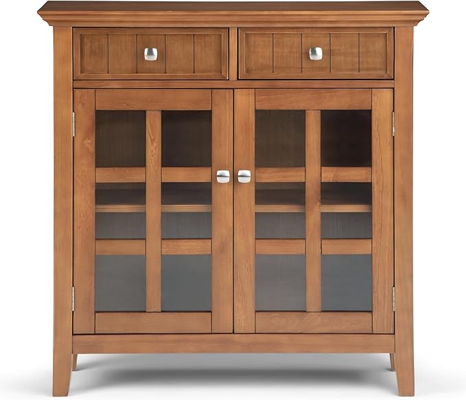 SIMPLIHOME Acadian Storage Cabinet - 36 inch Wide Solid Wood Entryway Storage Cabinet in Light Golden Brown, Transitional Cabinet for Hallway or Living Room with 2 Drawers and Adjustable Shelves