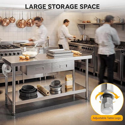 DWVO 60x24in Stainless Steel Table, NSF Metal Prep Worktable with 2 Drawers for Kitchen Restaurant Hotel Garage Warehouse Home