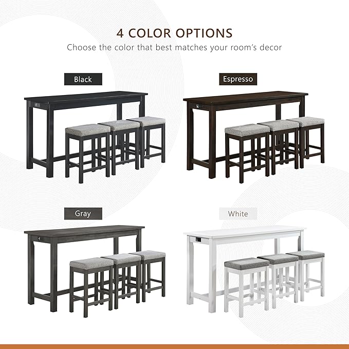 Lexicon 4-Piece Counter Height Table with 3 Stools, Wood Kitchen Counter Table Set with 2 Built-in USB Ports, 2 Charging A/C Power Outlets, Console Drawer, Upholstered Bar Stools, Gray