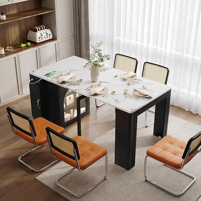 Heavy Duty Extendable Dining Table with Storage Cabinet, Mobile Kitchen Cart with Charging Port and LED, 225LBS Capacity 3-Leaf Drop Leaf Table on Wheels for Apartment, Farmhouse Style