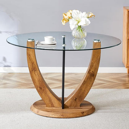 JUFU Round Dining Table for 4/6, 48 Inch Dining Room Table, Wood Small Kitchen Table with Stable Pedestal, Modern Glass Dining Table for Kitchen,Living Room,Apartment,Restaurant