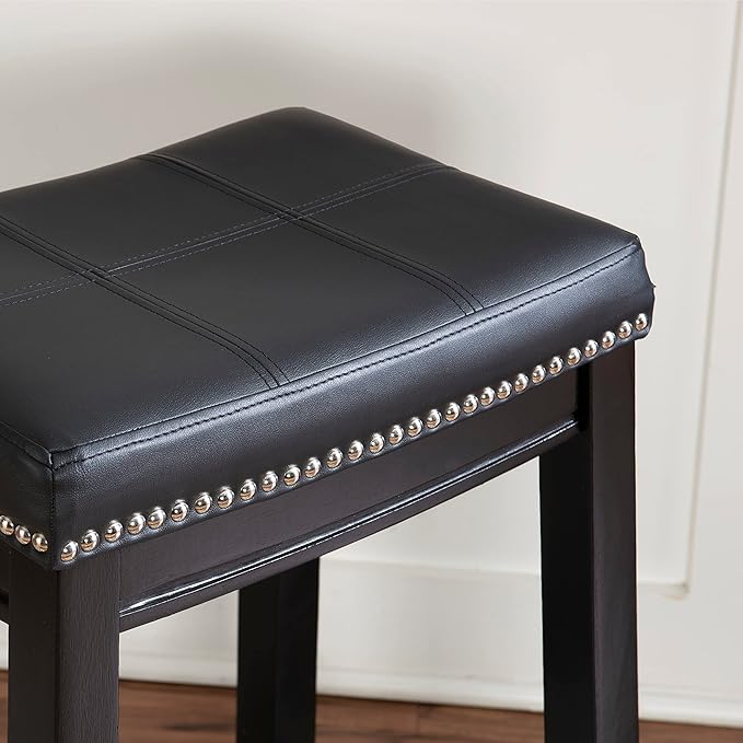 Linon Kingston Black Wooden Backless 26.5 Inch Seat Height Counter Stool with Black Faux Leather Upholstered Seat and Nailheads, Set of 2