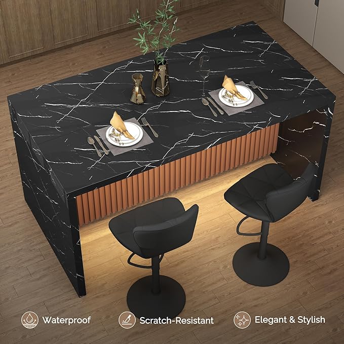 67" Large Modern Rectangle Dining Table for 4-6 People, Imitation Marble Island Table with LED Lights for Kitchen,Dining Room, Bar, Office, Living Room