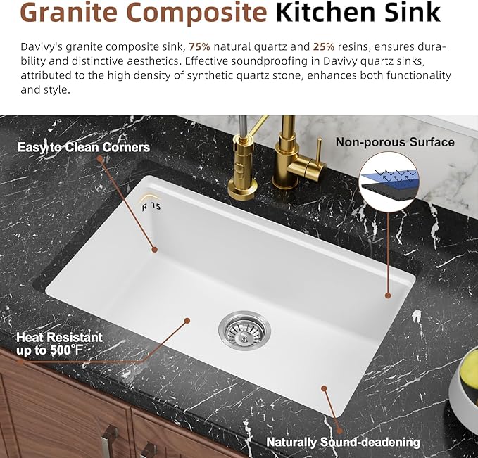 Davivy White Undermount Kitchen Sink 27 Inch, 27 x 18 Dual Mount Granite Composite Workstation Kitchen Sink, Deep Single Bowl with Accessories