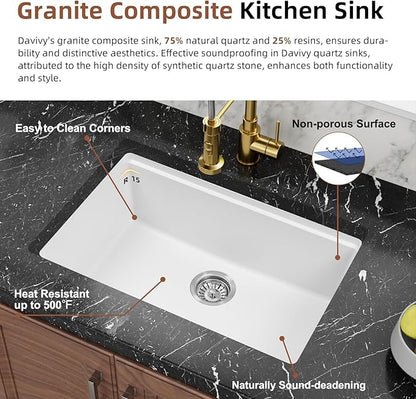 Davivy White Undermount Kitchen Sink 27 Inch, 27 x 18 Dual Mount Granite Composite Workstation Kitchen Sink, Deep Single Bowl with Accessories