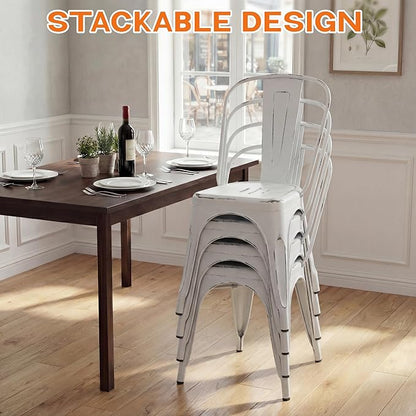 Shahoo Metal Dining Chairs Classic Iron Stackable Industrial Vintage Trattoria with Back, Indoor-Outdoor Side Settee for Home Bistro Cafe Kitchen Restaurant Set of 4, Old White
