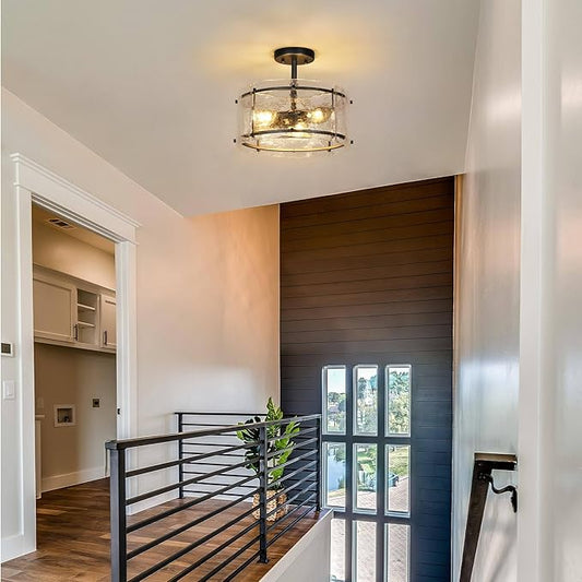 KSANA Semi Flush Mount Ceiling Light, 3 Light Rust Close to Ceiling Lights with Textured Glass Farmhouse Ceiling Light Fixtures for Foyer Entryway Bedroom Kitchen