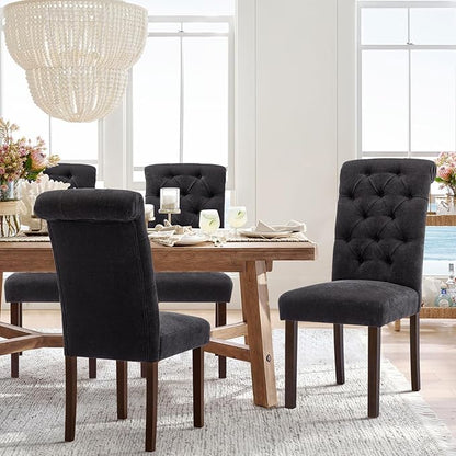Tufted Dining Chairs Set of 2, Upholstered Parsons Dining Room Chairs, Fabric Kitchen Side Chair with Wood Legs, Black