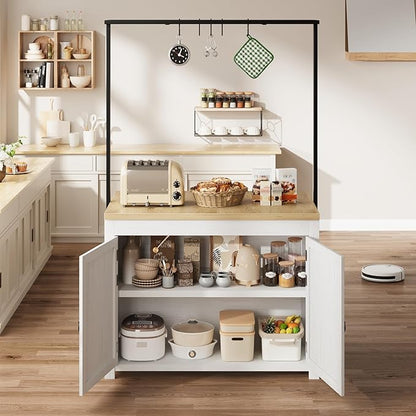 TROPOW Kitchen Island with Storage, 42" Wood Countertop Kitchen Cabinet with 3-Tier Shelves & 5 Hooks, Farmhouse Bar Cabinet, Buffet Table, Coffee Station for Small Spaces, White & Natural