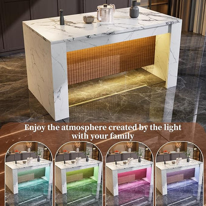 HUATOL Faux Marble Dining Table, 63” Rectangle Island Table with LED Lights for 4-6 People, Mordern Marble Stripes Kitchen Dining Table with Grille Design for Kitchen, Dining Room & Living Room