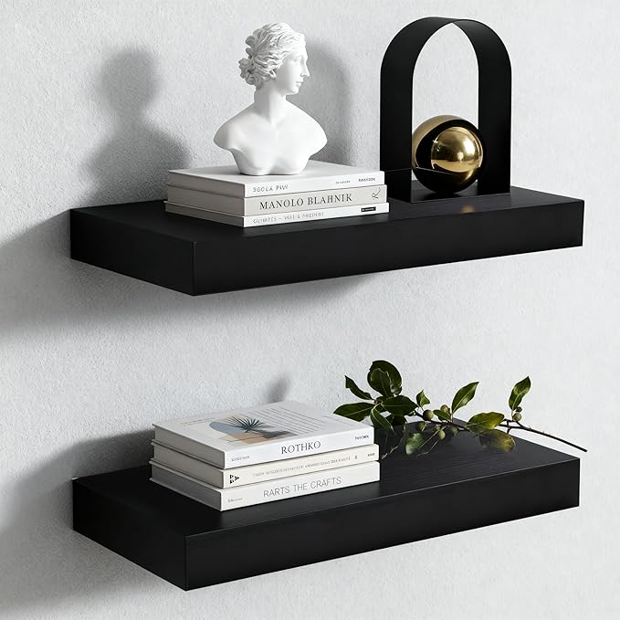 Floating Shelves for Wall,Over The Toilet Storage Cabinet-Set of 2 Black 16 Inch.Wall Shelves for Bathroom,Bedroom,Living Room,Kitchen-Modern Helf Display Organizer&Decor(Black,2pc)