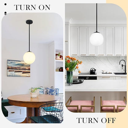 Bagood 8" Globe Pendant Light Black Mid Century Modern Light Fixture Milk Glass Pendant Light Globe Pendant Lights Kitchen Island Matte Black Finished with Milk Glass Lampshade for Dining Room