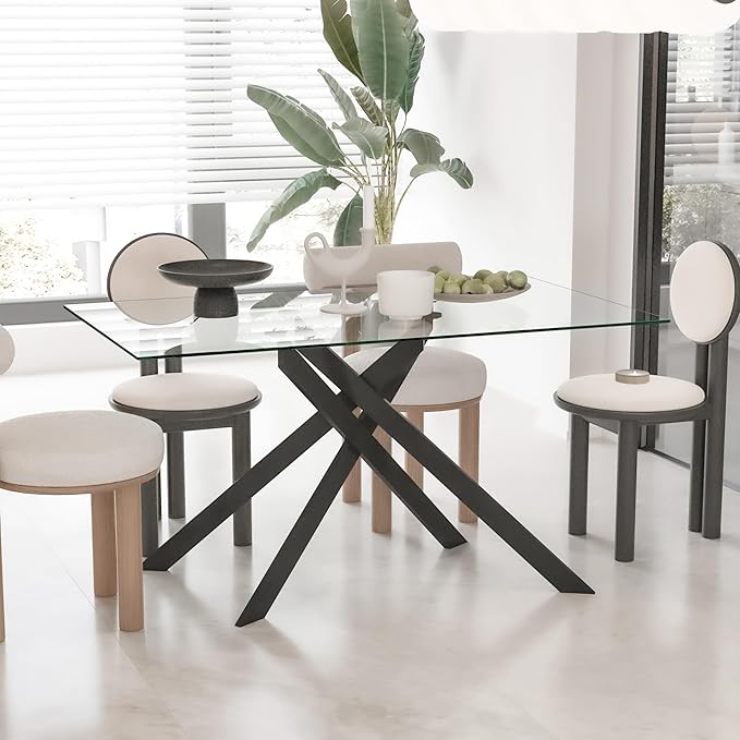 Rectangular Glass Dining Table, Tempered Glass Tabletop and Metal Legs, Modern Style Glass Kitchen Table for Home, Kitchen, Dining Room (Clear, 52'')