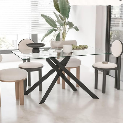SSLine 51.2" Rectangle Glass Dining Table for 4 Modern Glass Tabletop Kitchen Table for 4 Luxury Dining Room Tables with Black Nest-Shape Metal Base for Home Kitchen Dining Room
