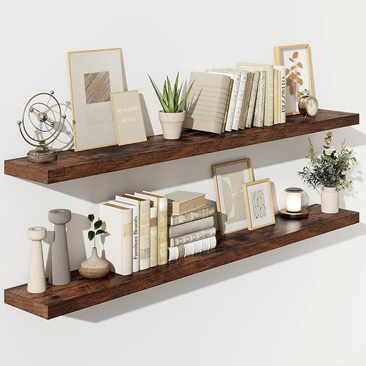 Fun Memories 66 Inch Fireplace Mantel Shelf with Invisible Bracket, 8 Inch Deep Floating Shelf for Living Room, Kitchen, Farmhouse, Brown (2-Pack)