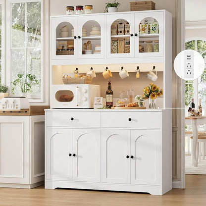 HIFIT 71" LED Kitchen Pantry Cabinet with Power Outlet, Large Kitchen Hutch Storage Cabinet with Arched Door & Shelves & 2 Drawers, Tall Modern Coffee Bar with Hutch for Home Dining Living Room, White