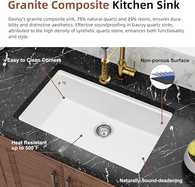 Davivy 30 Inch White Granite Composite Sink Workstation, 30 X 18 White Undermount Kitchen Sink, Dual Mount Installation, Deep Single Bowl with Accessories