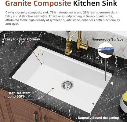 Davivy 30 Inch White Granite Composite Sink Workstation, 30 X 18 White Undermount Kitchen Sink, Dual Mount Installation, Deep Single Bowl with Accessories