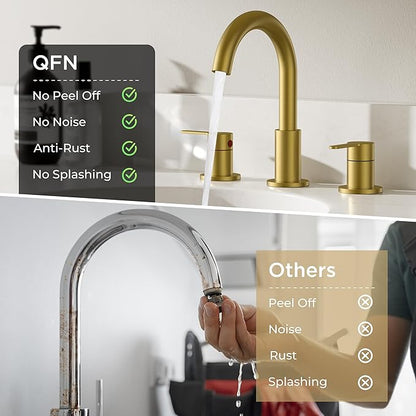 QFN Bathroom Faucets 3 Hole Brushed Gold, 8 Inch Widespread Vanity Sink Faucet with Aerator, 2 Handle 360° Swivel High Arc Spout, Spot-Free Finish, cUPC NSF Certified and CEC & DOE Compliant