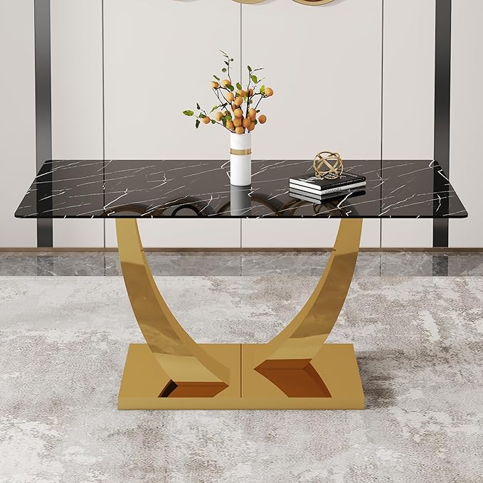 AZmac 63'' Black Dining Room Table for 4-6, Faux Marble Dining Table with Gold Base, Rectangle Kitchen Table with Tempered Glass Top for Kitchen Dining Room